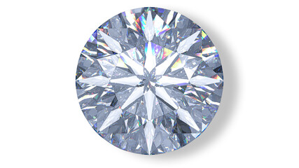 Fototapete - Realistic cut diamond in top view with caustic. 3D rendering illustration of round brilliant isolated on white background.