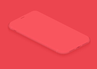 Poster - Soft isometric red vector smartphone. 3d realistic empty screen phone template for inserting any UI interface, advertisment, test presentation. Floating soft mock up design perspective view.