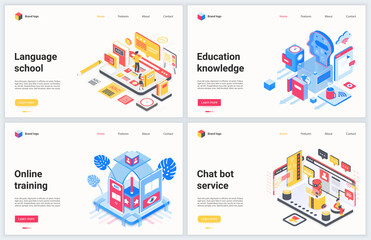 Aufkleber - Isometric online education technology vector illustration. Creative concept banner set, interface website design with cartoon 3d modern distance educational services for training and staff development