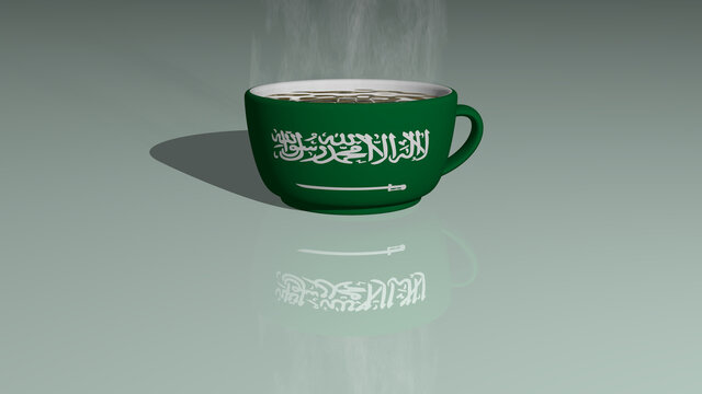 Saudi Arabia placed on a cup of hot coffee in a 3D illustration mirrored on the floor with a realistic perspective and shadows