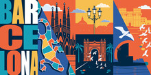 Spain, Catalonia Vector Skyline Illustration, Postcard. Travel To Barcelona Modern Flat Graphic Design Element