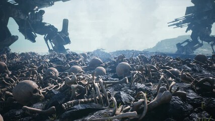 military robots are walking on a battlefield covered with human skulls and bones. the concept of the