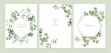 Fototapeta  - Set of floral card with eucalyptus leaves. Greenery frame. Rustic style. For wedding, birthday, party, save the date. Vector illustration. Watercolor style