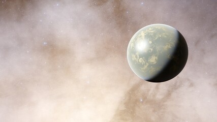 beautiful alien planet in far space, realistic exoplanet, planet similar to Earth, detailed planet surface, space background 3d render