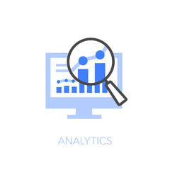 Fototapete - Analytics symbol with a computer screen, a magnifier and data chart. Easy to use for your website or presentation.