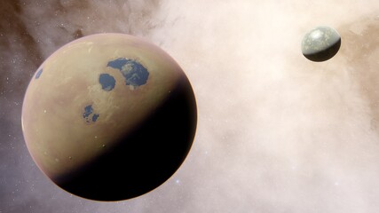 beautiful alien planet in far space, realistic exoplanet, planet similar to Earth, detailed planet surface, space background 3d render