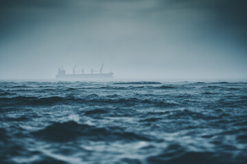 Poster - Sea ripple water raining storm, Heavy rain and ship