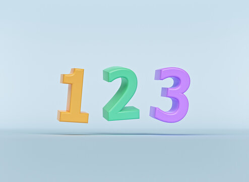 minimal 123 numbers isolated on pastel background. Education concept. 3d rendering