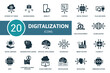 Digitalization icon set. Collection contain digital services, cloud computing, data, flexibility and over icons. Digitalization elements set.
