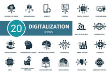 Digitalization Icon Set. Collection Contain Digital Services, Cloud Computing, Data, Flexibility And Over Icons. Digitalization Elements Set.