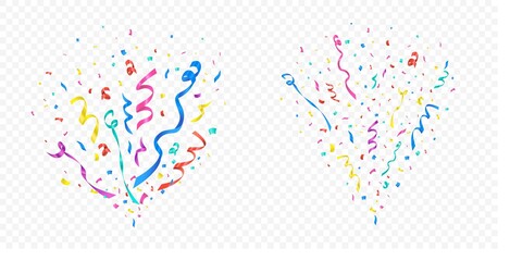 Confetti explosion set on transparent background vector illustration. Celebration of holiday or birthday. Festive ribbons multicolor crackers. Flying colored papers