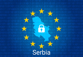 Sticker - Map of Serbia, with lock and binary code background. europe union internet blocking, virus attack, privacy protect. vector