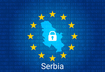 Wall Mural - Map of Serbia, with lock and binary code background. europe union internet blocking, virus attack, privacy protect. vector