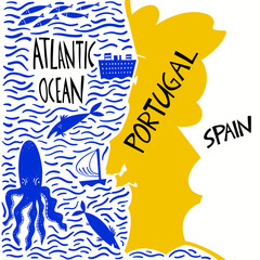 vector hand drawn stylized map of portugal. travel illustration of portuguese republic with water na