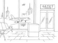 Airport Interior Boarding Gate Graphic Black White Sketch Illustration Vector