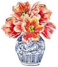 Watercolor Vase With Tulips, Cobalt Blue Vase With Flowers