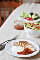 Poster - chicken breast, rice, chutneys, vegetables and green salad and strawberries. special diet for fat free diets. beautiful lunch no fat