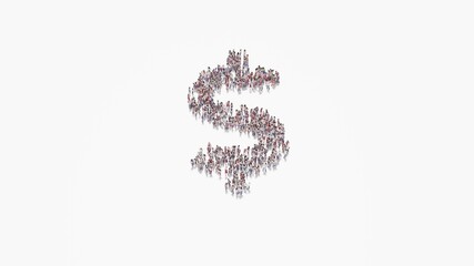 Sticker - 3d rendering of crowd of people in shape of symbol of dollar sign on white background isolated