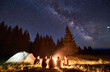 © anatoliy_gleb - Night summer camping in the mountains, spruce forest on background, sky with stars and milky way. Back view group of five tourists having a rest together around campfire, enjoying fresh air near tent.