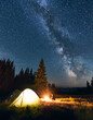 © anatoliy_gleb - Lonely guy sitting near campfire in campsite under starry sky in the mountains. Night sky is strewn with bright stars and prominent Milky way. Tourist tents in valley with large pine trees.