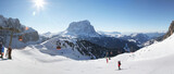 Panoramic winter view of Alpine mountains. Dolimites. Sella Ronda. Selva Gardena. South Tirol. Italy.