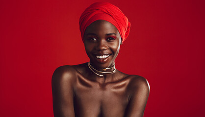 Wall Mural - Attractive african woman on red background