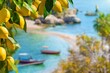 © IgorZh - Bunches of yellow ripe lemons with green leaves. Narrow path connects island to Taormina beach in azure waters of Ionian Sea, Sicily, Italy.