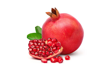 Wall Mural - Ripe pomegranate fruits with seed and leaves isolated on the white background.