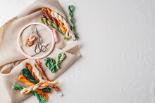 Embroidery Set. Linen Fabric, Embroidery Patterns, Embroidery Hoop, Colorful Threads And Needls.