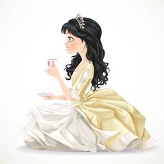 Sticker - Beautiful brunette princess in yellow dress sitting on the floor with a cup of tea and saucer isolated on a white background