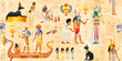 Egyptian vector papyrus with pharaoh elements - Ankh, Scarab, Cat, Dog, Wadjet. Gods set - Thoth, Ra, Osiris, Horus, Anubis, Bastet, Ra. Ancient historical mural. Egypt Mythology seamless pattern