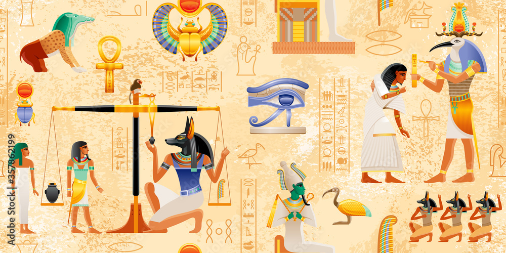 Egyptian vector papyrus with pharaoh elements: Ankh Scarab Sun. Ancient ...