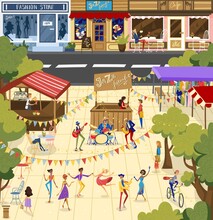 People on jazz festival vector illustration. Cartoon flat man woman dancer character dancing, performer musician band performing in outdoor city park, playing jazz music, street performance background