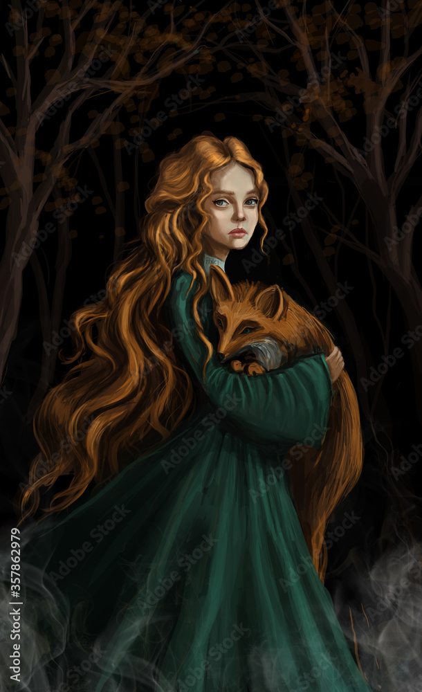 Red-haired girl with a fox. Girl in a green dress. Character in the forest.  Night fairy tale. Stock Illustration | Adobe Stock