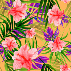  colorful seamless tropical print with hibiscus flowers, palm leaves and cordyline on an orange background