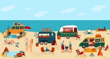 People Travel In Trailer Vector Illustration. Cartoon Flat Happy Man Woman Traveler Camper Characters Have Fun On Camping Beach Festival With Many Tourist Campervan Car Trailers, Summer Background
