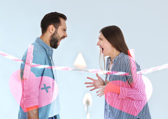 Wall Mural - Double exposure of quarreling couple, red paper hearts on rope and burning match. Relationship problems