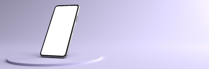 the smartphone white screen on violet round pedestal, mobile phone mockup tilted to the ground. pede