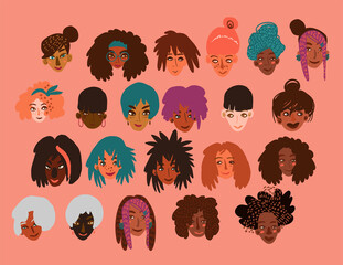 Set of funny cartoon character portraits of happy smiling women of different race together. Minimal style illustration isolated on white.