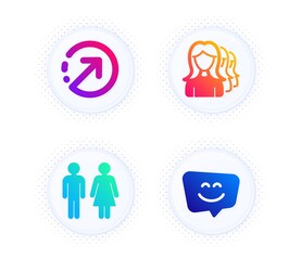 Poster - Direction, Restroom and Women headhunting icons simple set. Button with halftone dots. Smile face sign. Navigation pointer, Wc toilet, Women teamwork. Chat. Business set. Vector