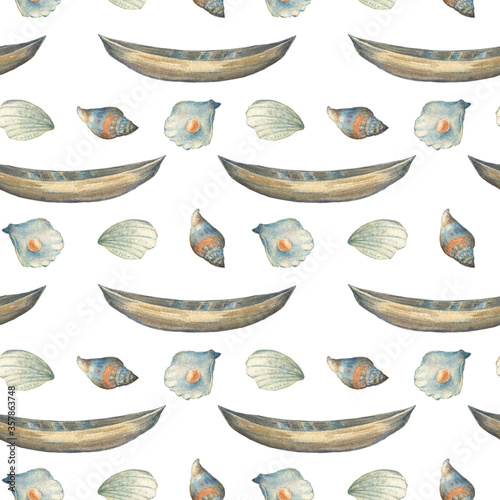 Fotografía Seamless pattern with a canoe boat and seashells in a turquoise color range, isolated on white