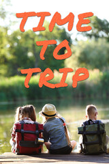 Poster - Little children sitting on wooden pier outdoors. Time to trip