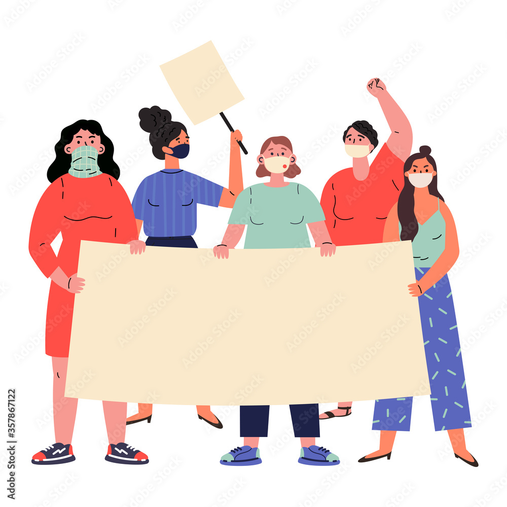 Woman Rioting Drawing Crowd of protesting women holding banners and placards.Group of people ...