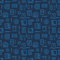 Poster - vector phone repair dark seamless pattern. smartphone repair linear background
