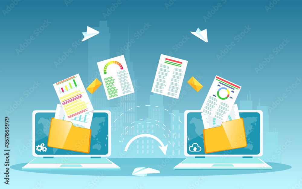 Vector of two laptops and financial file transfer process - obrazy, fototapety, plakaty 