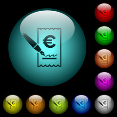 Sticker - Signing Euro cheque icons in color illuminated glass buttons