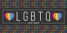 LGBTQ Pride Month Text And Rainbow Heart In Rainbow Square Dot Texture On Black Background Vector Design