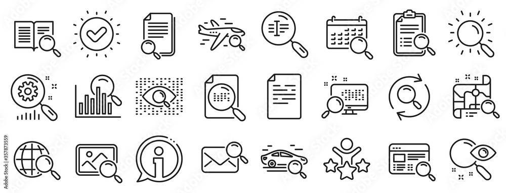 Photo indexation, Artificial intelligence, Car rental icons. Search line icons. Airplane flights, Web search engine, Analytics. Find photo, checklist document, artificial intelligence eye. Vector - obrazy, fototapety, plakaty 