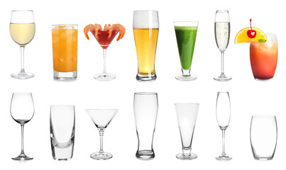 Wall Mural - Collage with full and empty glasses on white background