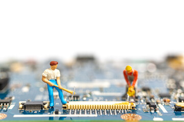 Wall Mural - Miniature people working on cpu board, Technology concept